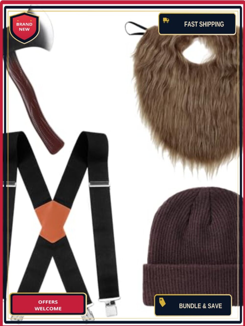 Lumberjack Costume Set Halloween Axe Beard Hat Suspenders Cosplay